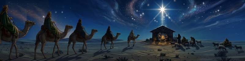 The three wise men traveling by camel across the desert toward the star over the manger in Bethlehem